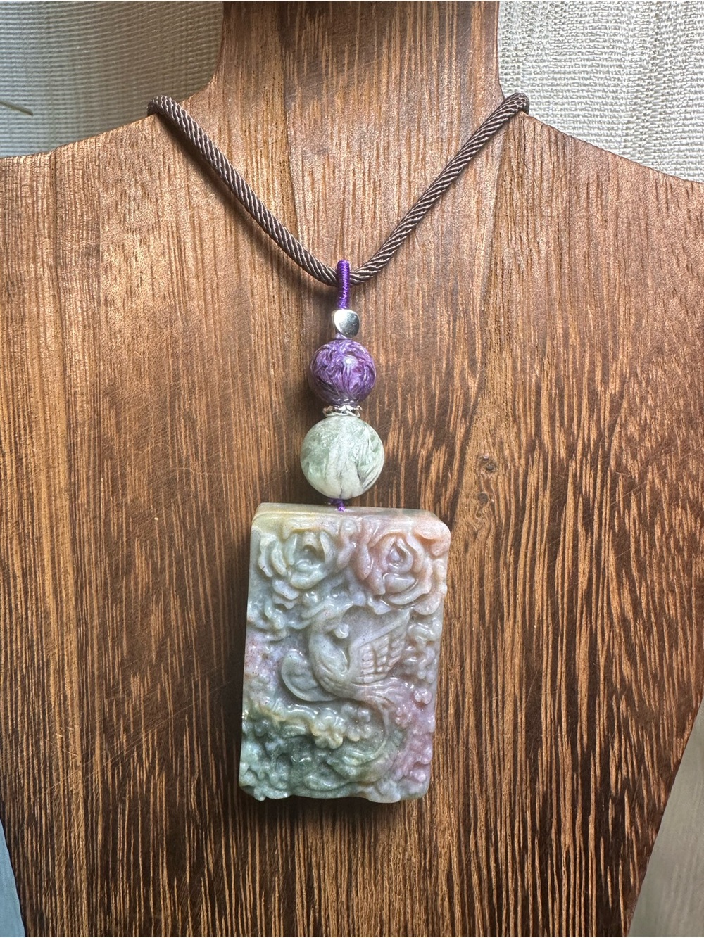 Ocean Jasper Phoenix Pendant Necklace with Feather Fluorite on Brown Rope - Picture 9 of 15